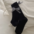 Chaussettes hautes noires style ballet avec nœud vichy et texture côtelée - Taille unique / Noir