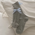 Chaussettes mi-hautes grises en coton style ballet avec nœud à carreaux bleu clair - Taille unique / Gris
