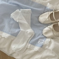 White lace trim crew socks with ribbon bow, ballet style sweet lolita leg wear - One Size / White