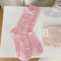 Sweet pink crew socks with white ribbon bows, floral patterns and ruffle cuffs - Pink 1 Pair