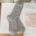 Light gray cotton socks with blue ribbon bow and floral knit in Japanese style - Grey 1 Pair