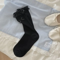 Sweet black lolita calf socks with delicate lace trim and ribbon bow detail - One Size / Black