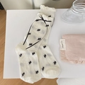 Japanese style cream white floral socks with black ribbon bows and ruffled cuffs - White Black Flower Pair