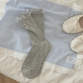 Light gray knit knee high socks with lace trim and bow detail in balletcore style - One Size / Gray