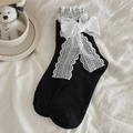 Black Lolita mid-calf socks with white lace trim and bow accents for sweet style - One Size / Black