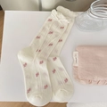 Sweet cream floral mid-calf socks with pink bows and ruffled edges in a soft knit - White Pink Flower Pair