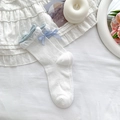 Ballet style white mid-calf socks with light blue bow and cute cartoon puppy prints - White