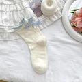 Beige ballet style mid-calf socks with blue ruffles, bow and cartoon dog pattern - Beige