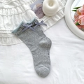 Grey ballet style socks with light blue ruffle trim and checkered bow detail - Gray