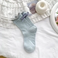Light blue ballet style crew socks with grey ruffles, plaid bow and bear pattern - Blue