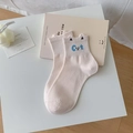 White combed cotton ankle socks with cute 3D cat ear design and blue Cat embroidery - One Size / Pink (Cat Style)
