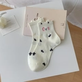 Chaussettes mignonnes en coton crème avec oreilles de chat et pois noirs brodés - Taille unique / Beige (Style Chat)
