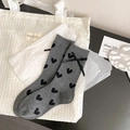 Gray heart pattern socks with black satin bows in a stylish balletcore aesthetic - Medium Grey