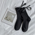 Elegant black Lolita crew socks featuring oversized satin bows and ruffled lace trims - One Size / Black with Black Plaid Bow