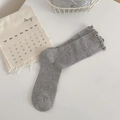 Light gray breathable mesh mid-tube socks with elegant ruffled lettuce edge trim - One Size / Gray