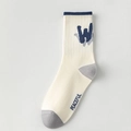 Men's cotton sports sock in beige with navy ribbing, grey patchwork and PEACEFUL text - Crew / White W (1 Pair)