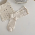 Breathable mesh mid-calf socks with ruffle trim in cream white cotton blend material - One Size / Beige
