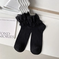 Calcetines negros estilo Lolita de punto acanalado con encaje ancho plisado - Negro