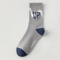 Men's gray cotton sports socks with blue UP graffiti and peaceful text graphics - Mid-tube UP Letters / Gray