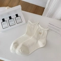 Creamy white crew socks with butterfly embroidery and ruffled cuffs for women - One Size / White