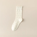 Chaussettes mi-mollet blanc crème à pois roses et bords volantés pour femmes - Taille unique / Blanc