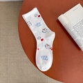 White cotton crew socks featuring blue Luck Cat graphic and cute cartoon paw prints - Heart Cat