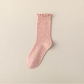 Pink mid-calf cotton socks with white polka dots and vintage lettuce edge cuff details - One Size / Pink
