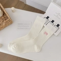 Milk white mid-calf socks featuring delicate pink bow embroidery in ribbed knit cotton - One Size / White (Pink Bow)