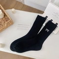 Chaussettes mi-mollet noires en coton avec broderie de nœud blanc au style doux - Taille unique / Noir (Nœud Blanc)