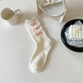 Cream ballet-style calf socks with pink bows and ruffled edges on white desk - White with Pink Plaid Bow