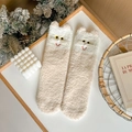 Thick coral fleece socks featuring cute cat embroidery in cream white for winter warmth - One Size / Beige