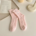 Pink coral fleece thermal socks featuring three white decorative ribbon bows for women - One Size / Pink