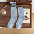 Blue cotton crew socks with heart patterns, argyle knits, and trendy rolled edge design - One Size / Blue