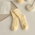 Thick warm coral fleece socks in cream yellow with white decorative ribbon bows - One Size / Yellow