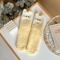 Cozy cream cat embroidery thick coral fleece socks with 3D ears for winter warmth - One Size / Yellow