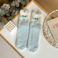 Sky blue and white coral fleece socks featuring cute cartoon cat embroidery for winter - One Size / Blue