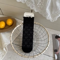 Japanese style black crew socks with hollow bow jacquard and lettuce edge trim - Mid-calf Crew Socks Black 1 Pair