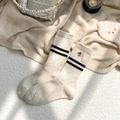 Beige wool blend crew socks with black stripes and cute rabbit embroidery detail - One Size / Off-white