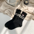 Thick black wool socks with white stripes and festive dog embroidery for winter - One Size / Black