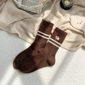 Brown wool crew socks with white stripes and cute dog embroidery for winter warmth - One Size / 1 Pair / Brown