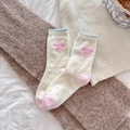 Fuzzy pink heart and yellow polka dot socks in beige with Happy life text - One Size / Love Text