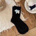 Calze nere con motivo a cucciolo bianco e fiocco 3D azzurro decorativo - Taglia unica / Nero