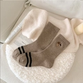 Brown thick wool socks with bear embroidery and stripe detail on warm textured background - 1 Pair / Light Coffee