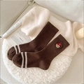 Thick wool winter socks in dark brown featuring cute bear embroidery and white stripes - 1 Pair / Dark Coffee