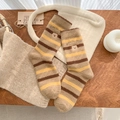 Warm Capybara winter socks in brown and yellow stripes with cute bear embroidery - Striped Embroidered Capybara Style
