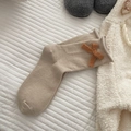 Beige mid-calf cotton socks featuring side knit bow detail and rolled cuffs - One Size / Brown