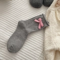 Grey knit mid-calf socks featuring a cute pink bow accent and rolled edge design - One Size / Light Gray