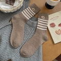 Brown striped wool socks featuring cute dog embroidery and a warm ribbed texture - One Size / Light Coffee