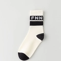 White crew sport socks for men featuring black FNN letter branding and ribbed cuffs - FNN Letter Stripe / White