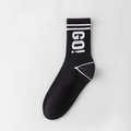 Men's athletic mid-calf cotton socks in black featuring white stripes and 'GO!' text - GO! Letter Stripe / Black